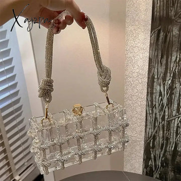 Diamond Clear Acrylic Box Evening Clutch Bags Women Boutique Woven Knotted Rope Rhinestone Purse